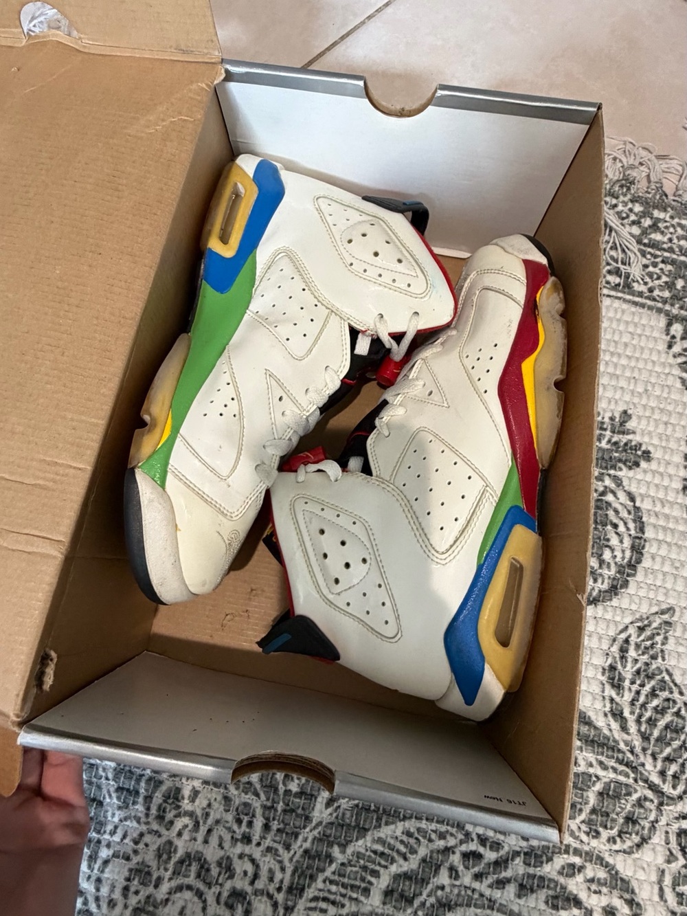 Jordan Kids White Sneakers with Blue, Green, Red & Yellow Accents